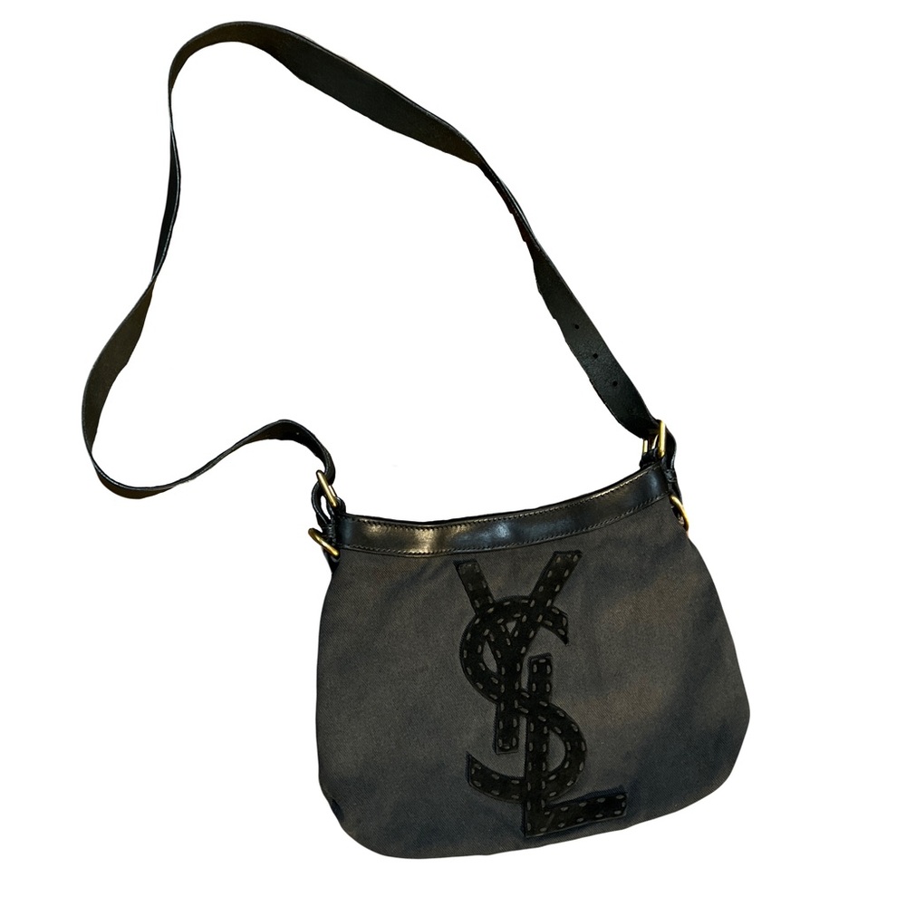 Saint Laurent Hobo YSL Logo Seville Black Canvas Shoulder Bag